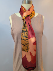 16" x 72" Silk Charmeuse Scarf - Mauve Tigers & Leopards