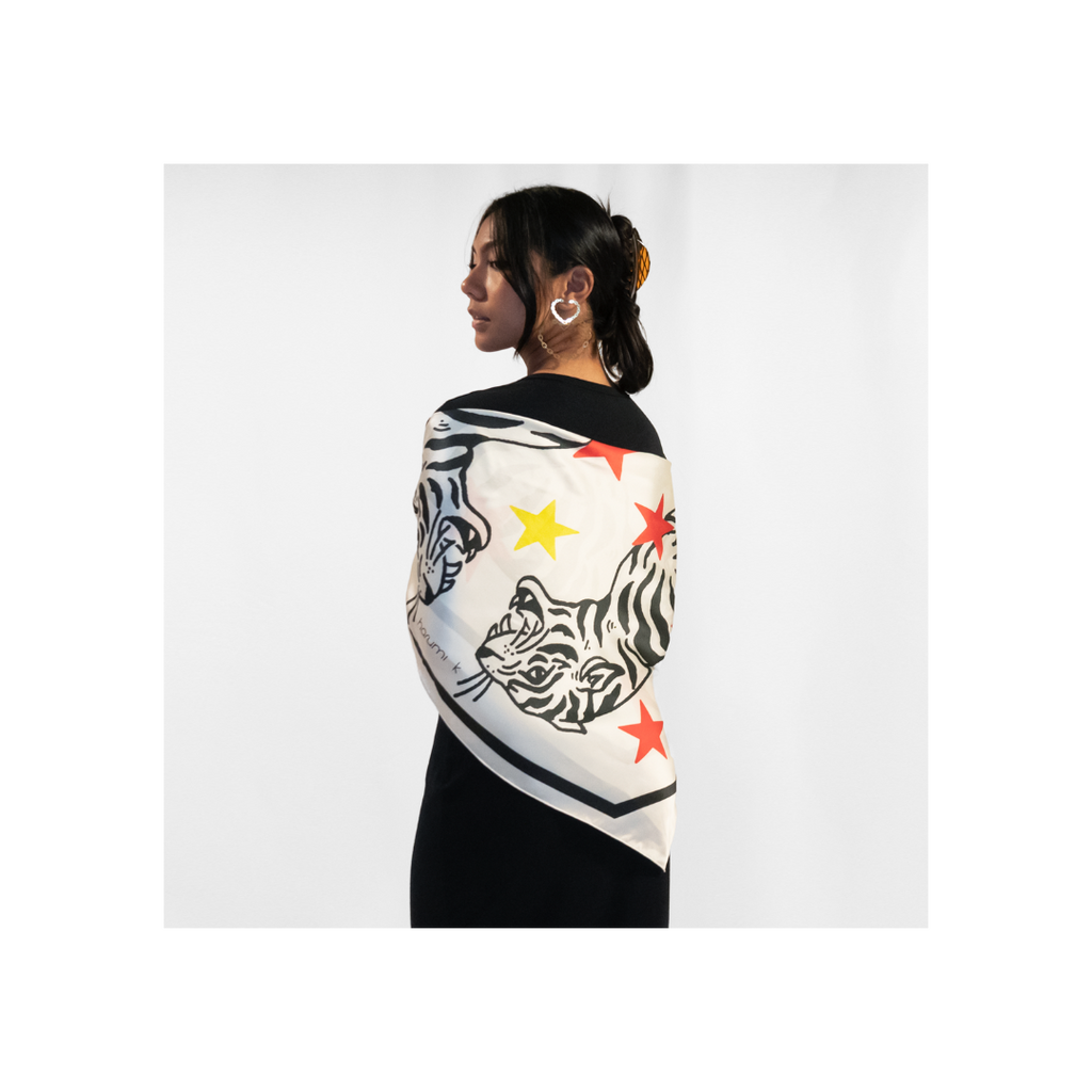 36" x 36" Silk Charmeuse Scarf - Black & White Tiger