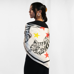 36" x 36" Silk Charmeuse Scarf - Black & White Tiger