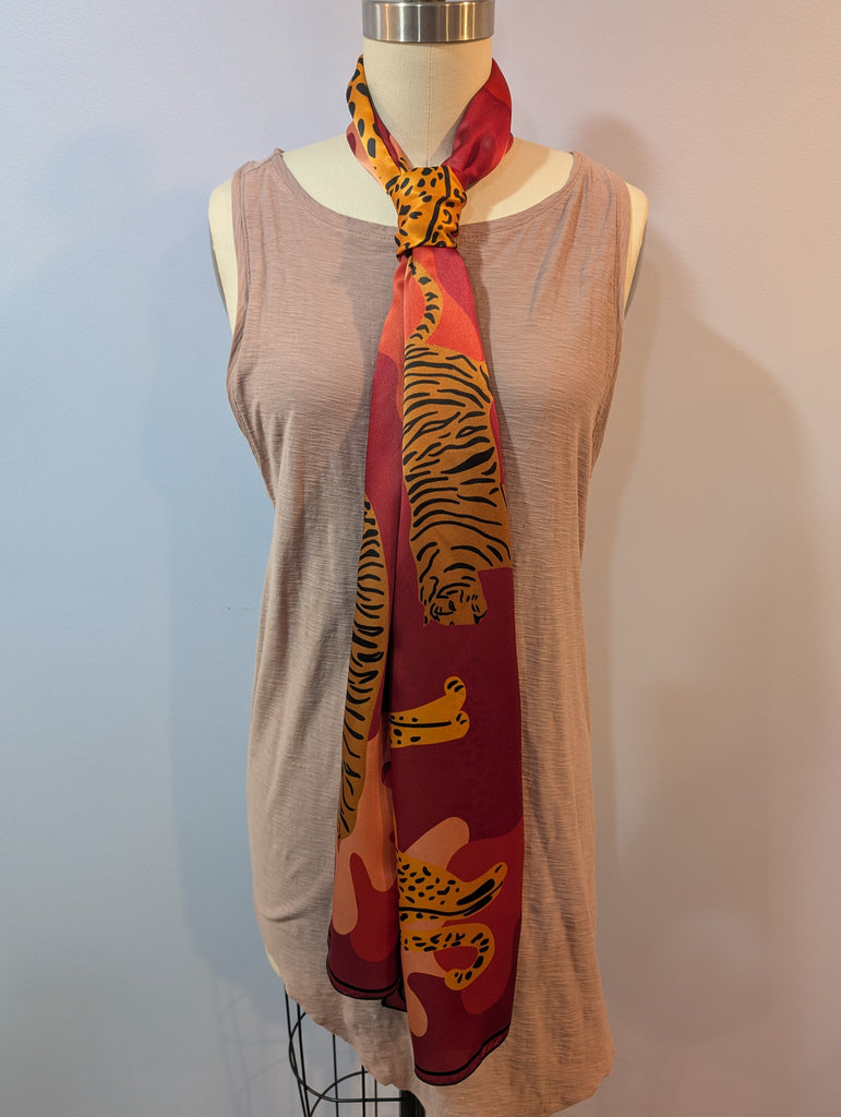 16" x 72"  Silk Charmeuse Scarf - Mauve Tigers & Leopards
